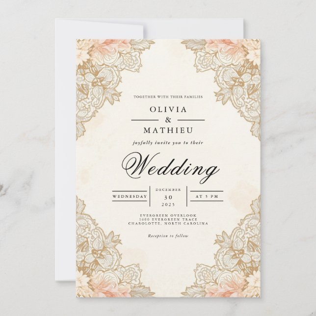 Invitation Sepia Lace Floral Accent Wedding (Devant)
