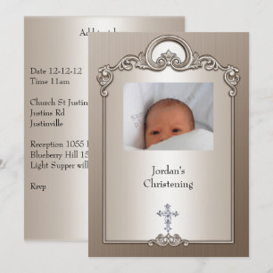 Invitation Sepia Silver Cadre photo Jewel Cross Christening