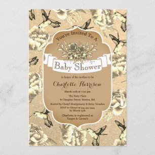 Invitation Sépia vintage élégant Floral & Hummingbirds