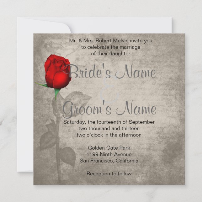 Invitation Sepia Vintage Spot Color Red Rosebud Mariage (Devant)