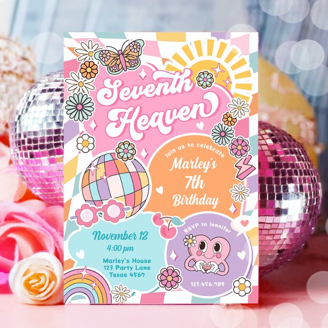 Invitation Septième Ciel Fille Retro Preppy Varsity Anniversa (Créateur téléchargé)