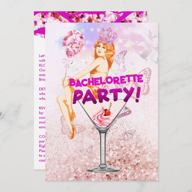 Invitation Sequence Pink Glitzy Bachelorette Party (Devant / Derrière)