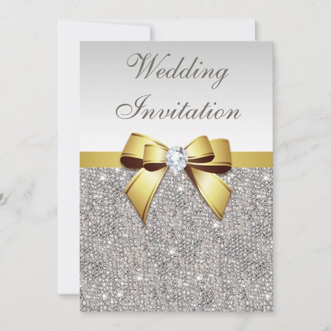 Invitation Séquences Argent Faux Diamants Mariage Bow Or (Devant)