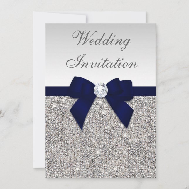 Invitation Séquences d'argent de Faux Diamonds Navy Bow Maria (Devant)