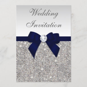 Invitation Séquences d'argent de Faux Diamonds Navy Bow Maria
