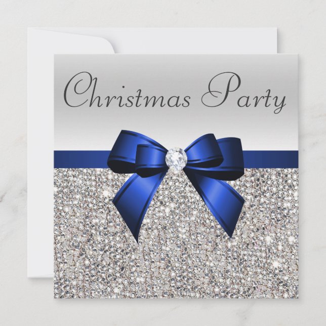 Invitation Séquences d'argent Noël Party Blue Diamond Bow (Devant)