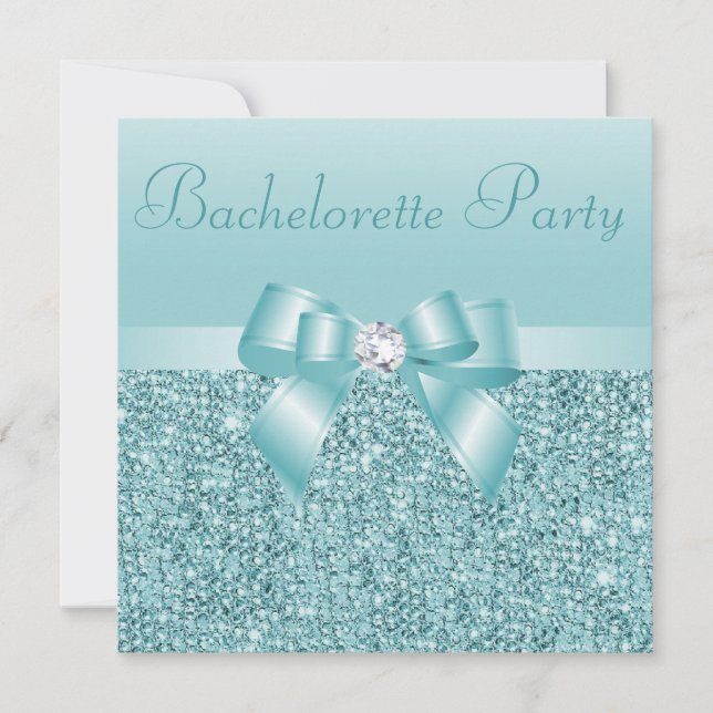 Invitation Séquences turquoises, Bachelorette Bow & Diamond (Devant)