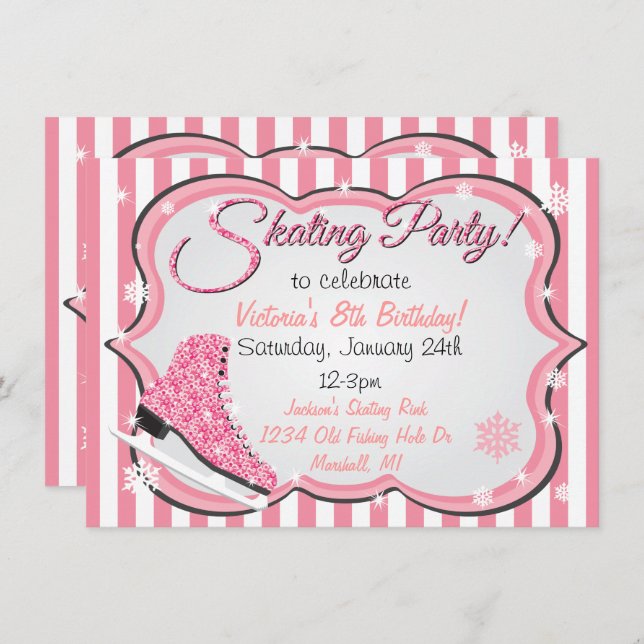 Invitation Séquin étincelant Patinage sur glace rose Invitati (Devant / Derrière)