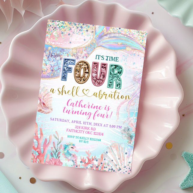 Invitation sequin glitter Four Shellebarate Girl birthday inv (Créateur téléchargé)