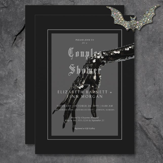 Invitation Séquin noir foncé gothique Couples à main douche (Dark Gothic Black Sequin Hand Couples Shower Invitation)