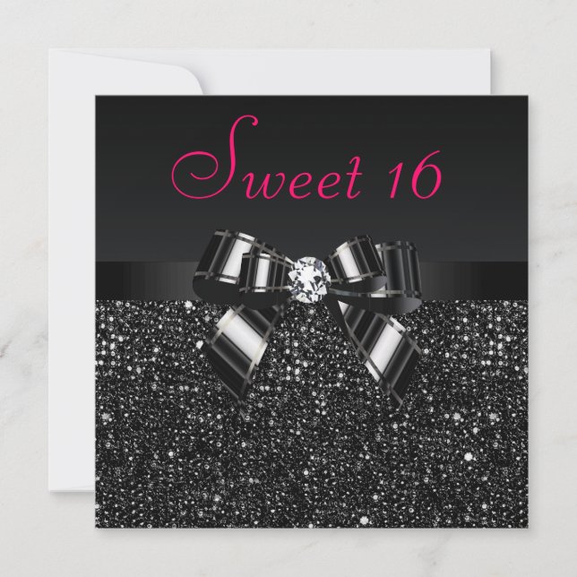Invitation Séquines noires imprimées, sucré rose Bow & Diamon (Devant)