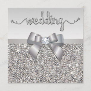 Invitation Séquins Argent Faux Bow Coeurs Mariages Typographi