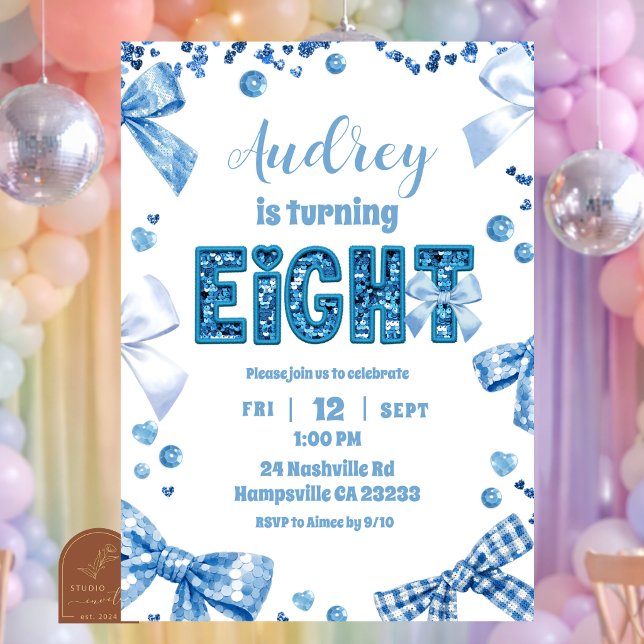 Invitation Sequins Bleu Bow EIGHT esthétique anniversaire ado (Créateur téléchargé)
