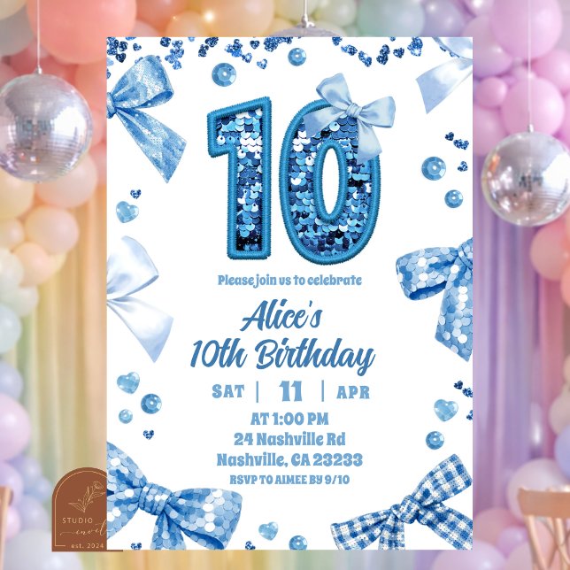 Invitation Sequins Bleu Nœud Double Chiffres Fille 10 Anniver (Créateur téléchargé)