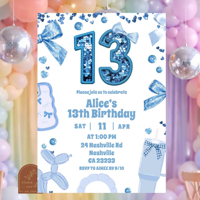 Invitation Sequins Blue Bow 13 aesthetic teenager birthday (Créateur téléchargé)