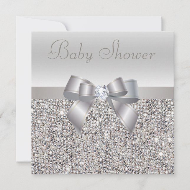 Invitation Séquins d'argent, Bow & Baby shower de diamant (Devant)