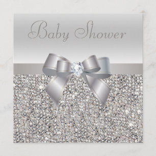 Invitation Séquins d'argent, Bow & Baby shower de diamant