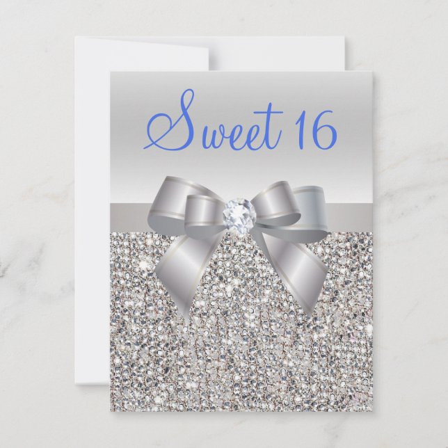 Invitation Séquins d'argent & Bow Royal Blue Texte Sweet 16 (Devant)