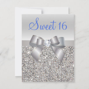 Invitation Séquins d'argent & Bow Royal Blue Texte Sweet 16