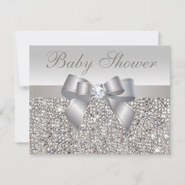 Invitation Séquins d'argent imprimé, Baby shower Bow & Diamon (Devant)