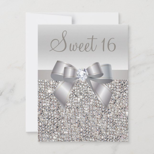 Invitation Séquins d'argent imprimé, Bow & Diamond Sweet 16 (Devant)