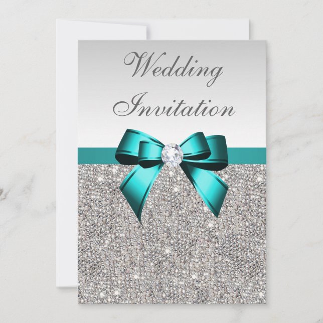Invitation Séquins d'argent Vibrant Turquoise Mariage de bow  (Devant)