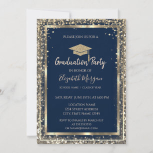 Invitation Séquins Diamants Gold Grad Casquette Blue Graduati