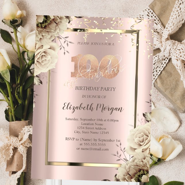 Invitation Séquins d'or, Fleurs Rose Or 100e anniversaire (Créateur téléchargé)