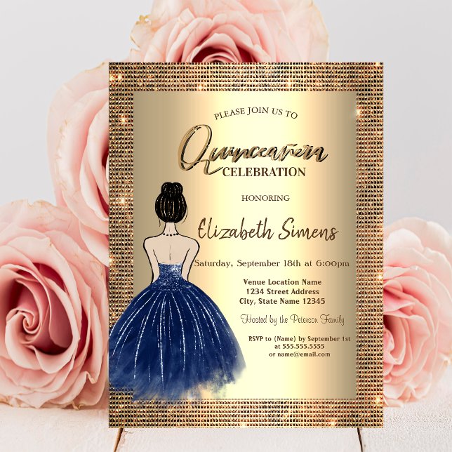 Invitation Séquins d'or, Robe Bleue fille Quinceañera (Créateur téléchargé)