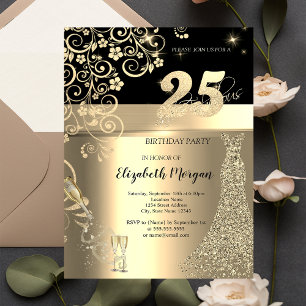 Invitation Séquins d'or Robe Fleurs de verre 25e anniversaire