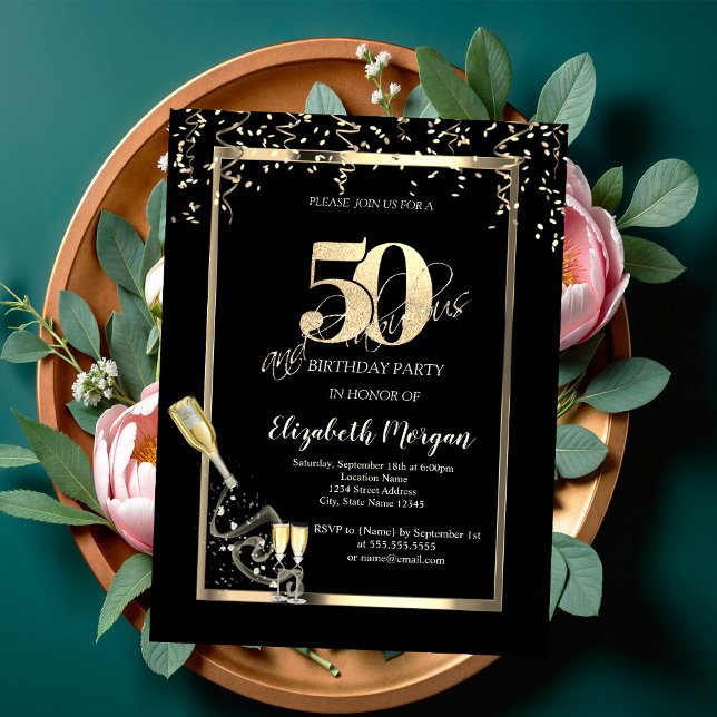 Invitation Sequins Dorés, Bouteille de Verre à Vin 50ème Anni (Créateur téléchargé)