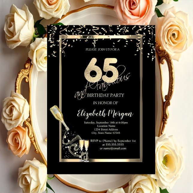 Invitation Sequins Dorés, Bouteille de Verre à Vin 65e Annive (Créateur téléchargé)