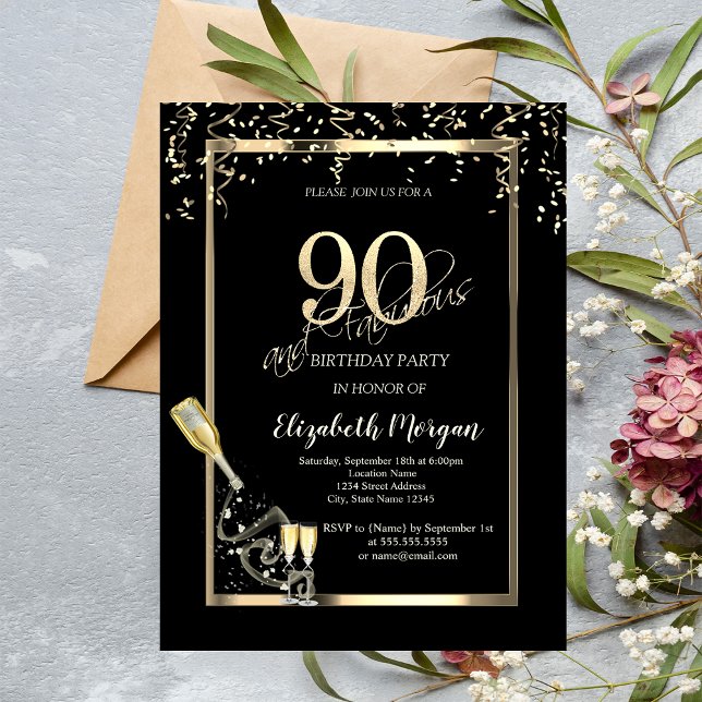 Invitation Sequins Dorés, Bouteille de Verre à Vin 90ème Anni (Créateur téléchargé)