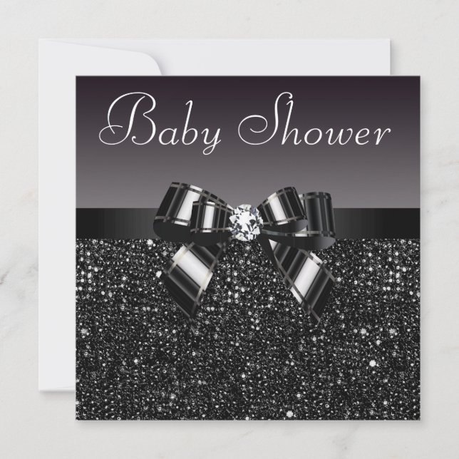 Invitation Séquins noirs imprimés, Baby shower Bow & Diamond (Devant)