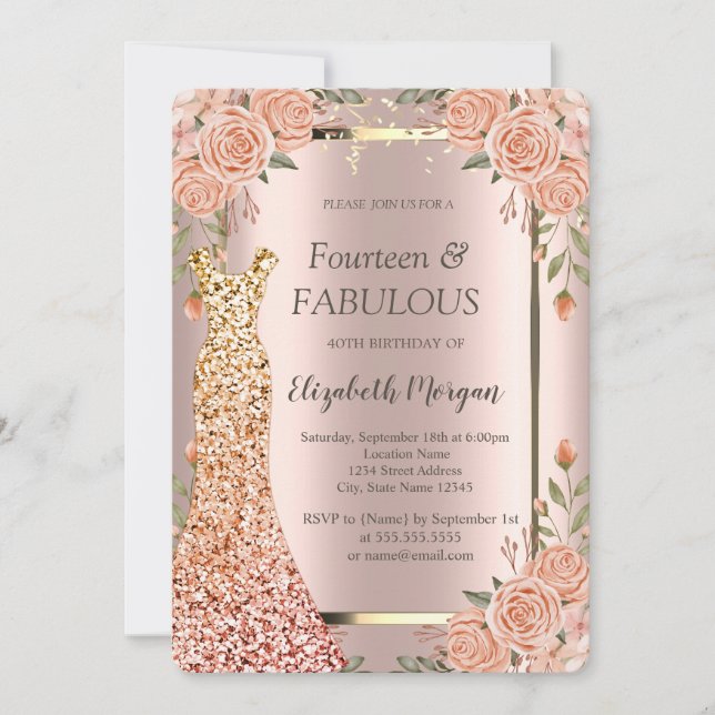 Invitation Sequins Robe Boho Fleurs 40e anniversaire (Devant)
