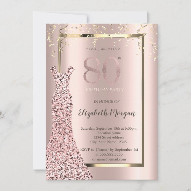 Invitation Sequins Robe Rose Or 80e Anniversaire (Devant)