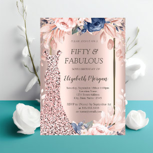 Invitation Sequins Robe Rose Or Floral 50e anniversaire