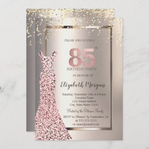 Invitation Séquins Rose Robe d'or ivoire 85e anniversaire