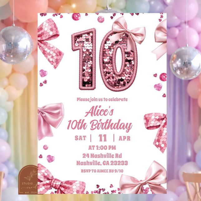 Invitation Sequins Rose Ruban Double Chiffres 10 Fille Annive (Créateur téléchargé)