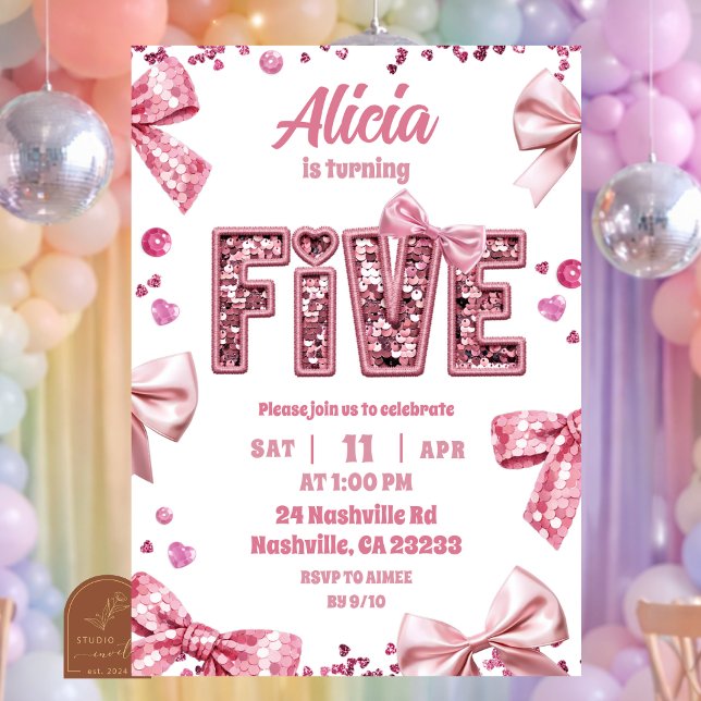Invitation Sequins Rose Ruban FIVE Fille Anniversaire (Créateur téléchargé)