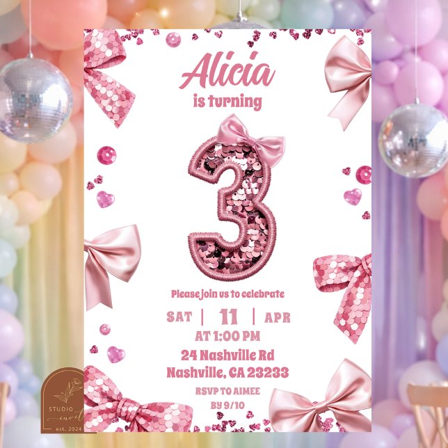 Invitation Sequins Rose Ruban Trois Fille Anniversaire (Créateur téléchargé)