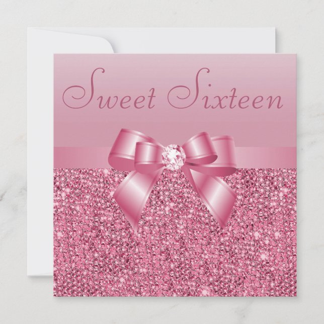 Invitation Séquins roses, Bow & Diamond Sweet 16 (Devant)