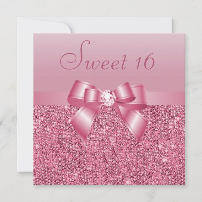 Invitation Séquins roses, Bow & Diamond Sweet 16 (Devant)