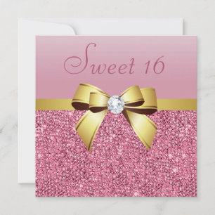 Invitation Séquins roses, Bow or & Diamond Sweet 16