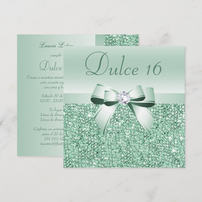 Invitation Sequins Vert Menthe Espagnols, Arc et Diamant Dulc (Devant / Derrière)