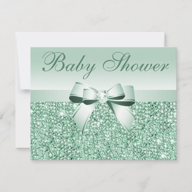Invitation Séquins verts imprimés, Baby shower Bow & Diamond (Devant)