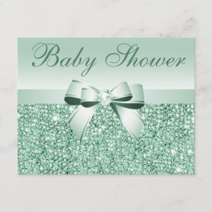 Invitation Séquins verts imprimés, Baby shower Bow & Diamond