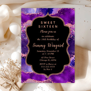 Invitation Séquins violets foncés et roses Agate Sweet sixtee