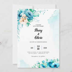 Invitation Sérénade en bleu : Mariage floral aquarelle