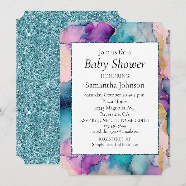 Invitation Serendipity Crystal Aqua Baby shower bleu violet (Devant / Derrière)